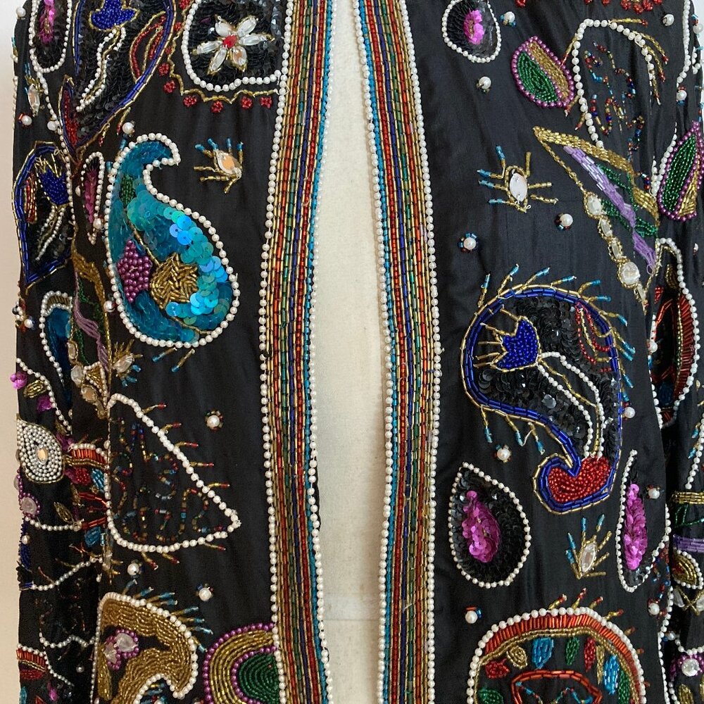 Paisley Sequin Beaded Jeweled Jacket Blue Black Multicolor - Picture 3 of 16